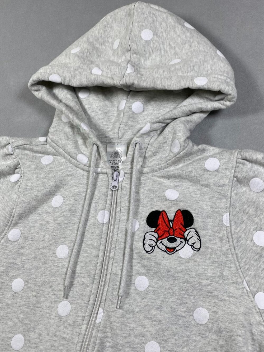 Disney Parks Minnie Mouse Full Zip Hoodie, Gray w/ White Polka Dots - Womens M